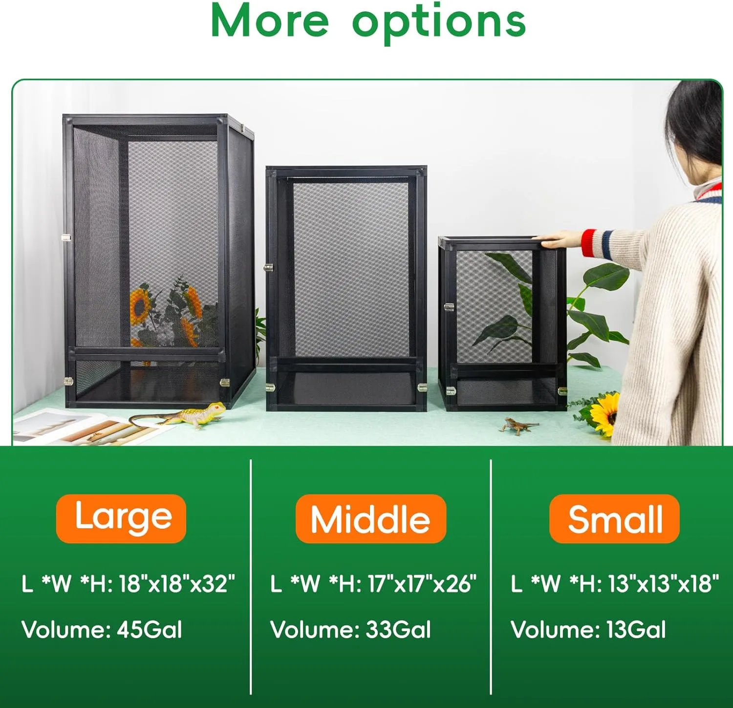 13 Gal Detachable and Foldable Reptile Butterfly Cage Terrarium, 360 Observation, Airflow, Interaction in Gecko Tank for Crested Geckos, Leopard Geckos, Chameleons, Bearded Dragons