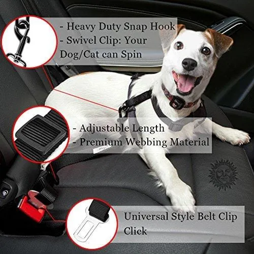 2 Adjustable Car Seat Belts for Dogs & Cats --- Triple the survival rate in accidents - Prevent stress from travel in kennel - Allow breathing fresh air without pets jumping out - Support all cars