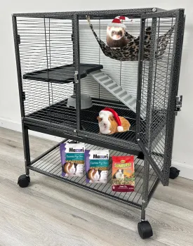 2-Floors Large Ferret Hammock Chinchilla Guinea Pig Rabbit Mouse Small Animal Critter Home Rolling Cage Tight 1/2-inch Bar Spacing Easy Clean Pull Out Tray Storage Shelf On Wheels