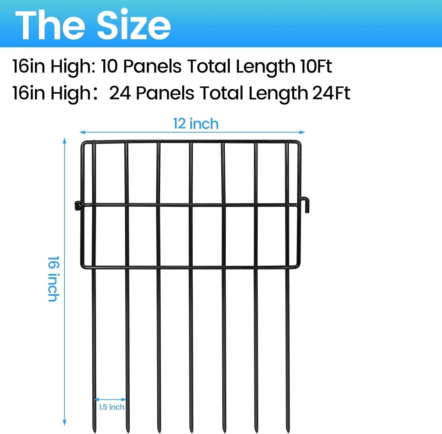 20 Pack Animal Barrier Fences, 1.5" Gap No Digging Garden Fence Panels, Metals Black Deterrent Fence for Dogs Rabbits, Decorative Fence for Outdoor Landscape Patio Total 20 ft(L)16 in(H)