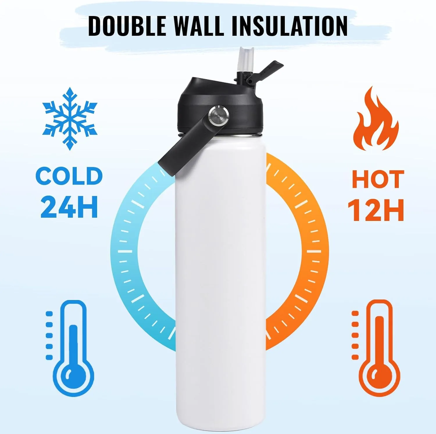 24oz Insulated Stainless Steel Water Bottle, Wide Mouth Double Wall Vacuum, Silicone Straw, Sweat & Leak Proof, BPA Free Insulated Water Flask for Travel, Keep Cold 24h Hot 12h, White