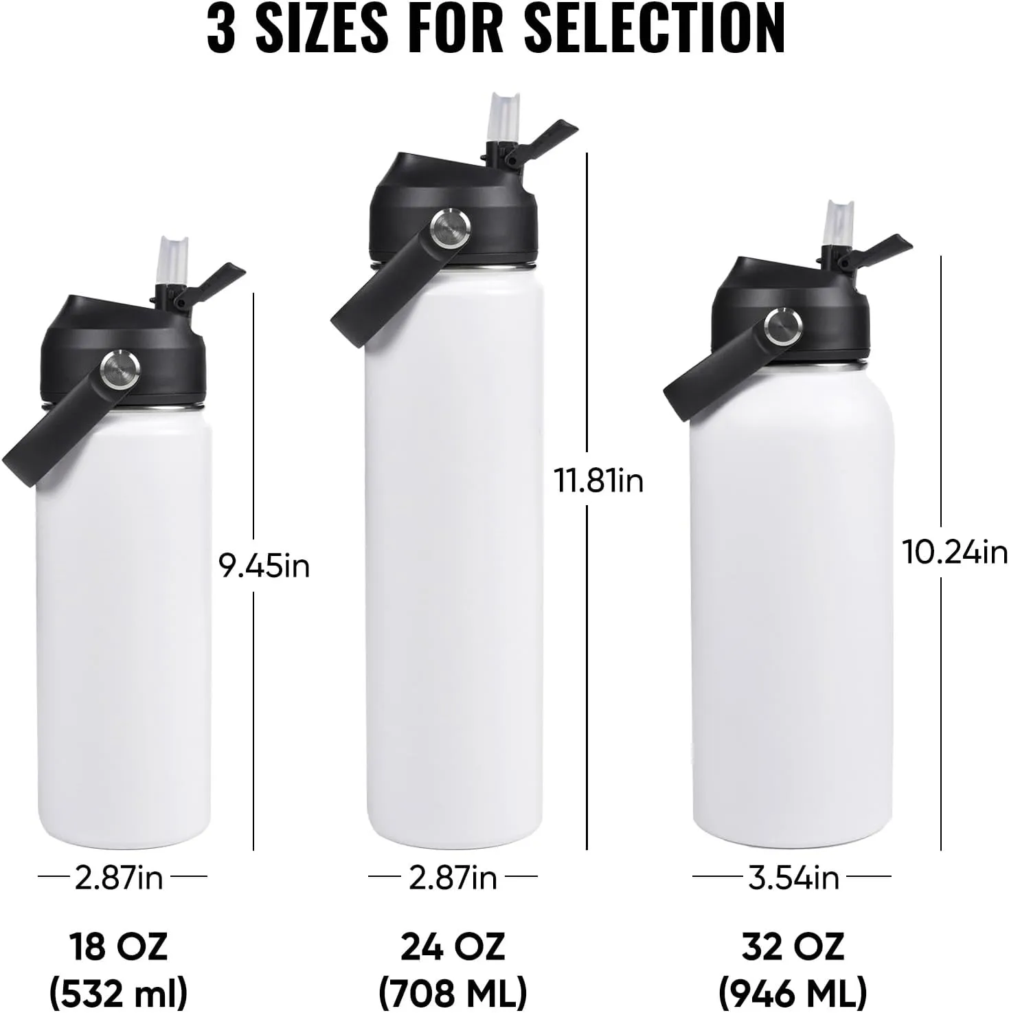 24oz Insulated Stainless Steel Water Bottle, Wide Mouth Double Wall Vacuum, Silicone Straw, Sweat & Leak Proof, BPA Free Insulated Water Flask for Travel, Keep Cold 24h Hot 12h, White