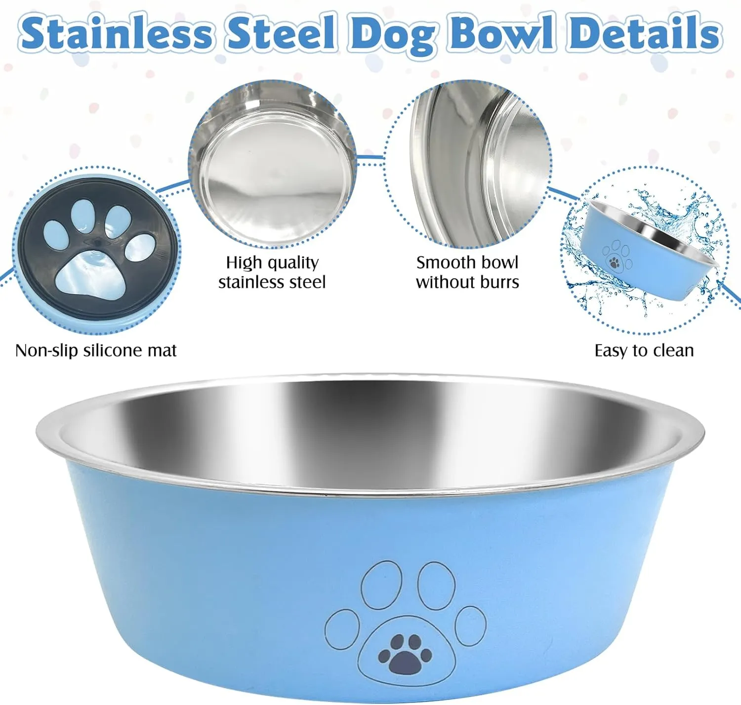 2PCS Stainless Steel Dog Bowls, 37 OZ Non-Slip Puppy Bowls with Suction Cup Silicone Bottom Large Capacity Metal Cat Food and Water Bowls Rubber Base Pet Dish for Small Medium Large Cats Dogs