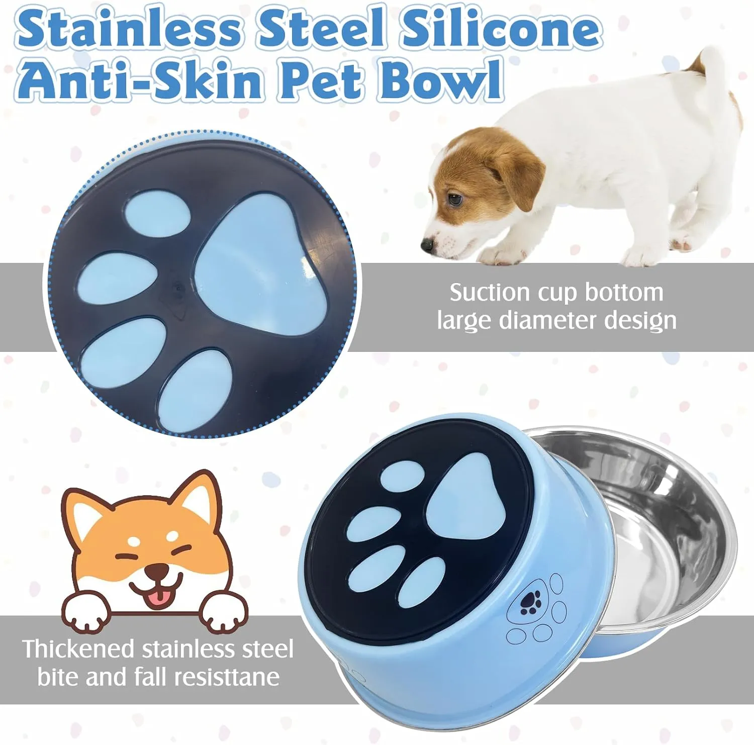 2PCS Stainless Steel Dog Bowls, 37 OZ Non-Slip Puppy Bowls with Suction Cup Silicone Bottom Large Capacity Metal Cat Food and Water Bowls Rubber Base Pet Dish for Small Medium Large Cats Dogs