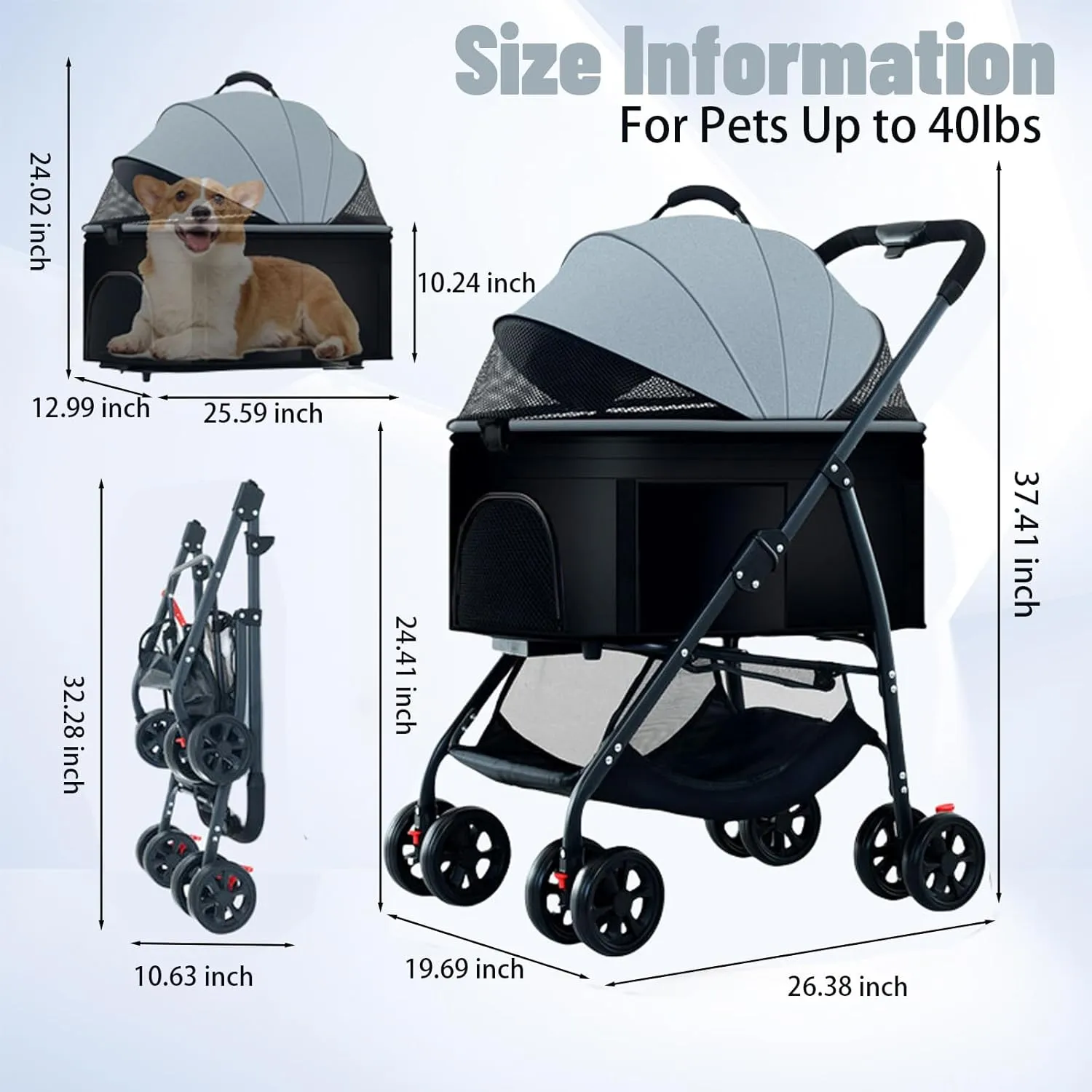 3-in-1 Pet Dog Stroller, Dog Wagon with Removable Carrier, Cat Stroller for Medium Dogs Up to 55lbs (Grey)