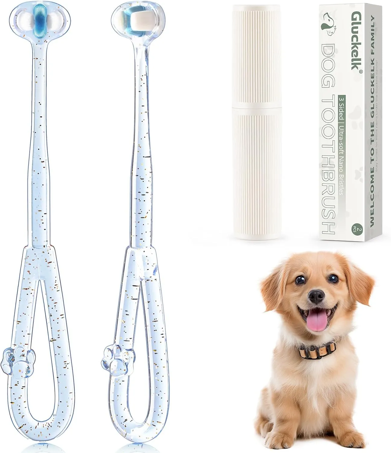 3-Sided Dog Toothbrush, Pet Toothbrushes, Pet Dental Care Oral Hygiene, Ultra Soft Nano Bristles for Your Pet's Sensitive Teeth and Gums, for All Dogs, 2-Pack