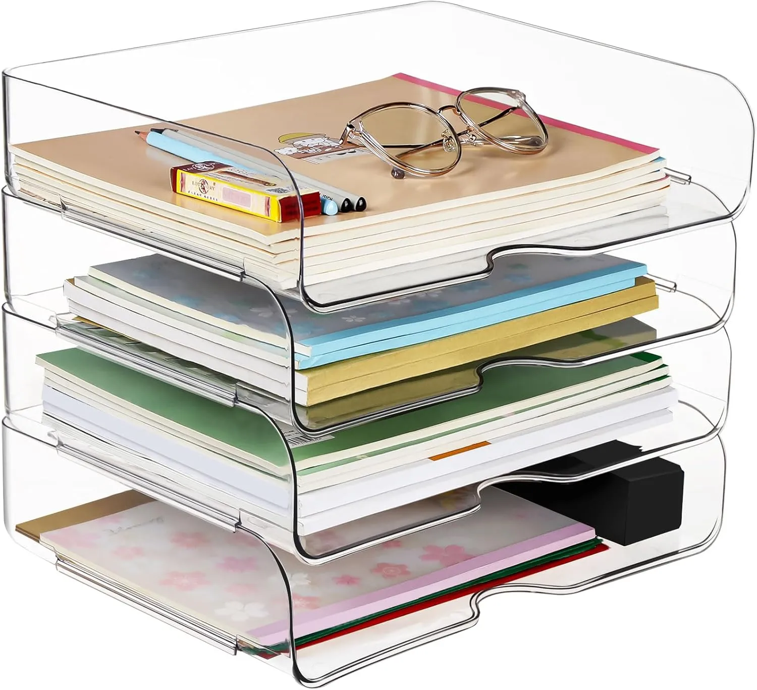 4 Tier Stackable Paper Tray, Clear Letter Tray Desk Organizer, PET Desktop File Organizer for Paper Rack, Letter Trays & Stacking Supports for A4 Paper, Documents, Magazine, Receipts