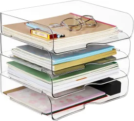 4 Tier Stackable Paper Tray, Clear Letter Tray Desk Organizer, PET Desktop File Organizer for Paper Rack, Letter Trays & Stacking Supports for A4 Paper, Documents, Magazine, Receipts
