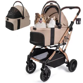 5-in-1 Dog Stroller, All-in-One Fold Without Detaching Carrier, Pet Stroller for Small Medium Dogs Cats up to 55lbs, DogsStroller with Detachable Waterproof Carrier, Storage Basket, Car Seat