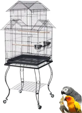 55" Rolling Standing Triple Roof Top Medium Bird Cage for Mid-Sized Parrot Cockatiel Sun Parakeet Green Cheek Conure Caique Pet Bird Cage with Detachable Stand