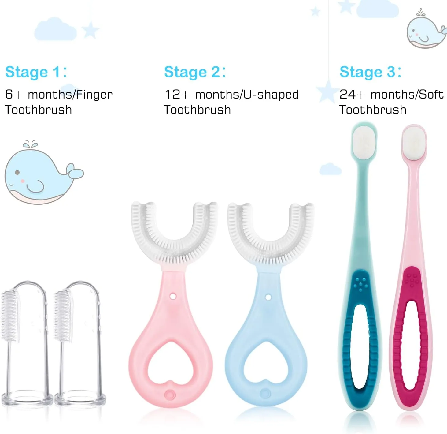 6 in 1 Baby Training Toothbrush Set - Infant to Toddler Toothbrush Oral Care Toothbrush - Food Grade Silicone,Extra Soft Bristles,Perfect for 6 ,12 ,24  Months