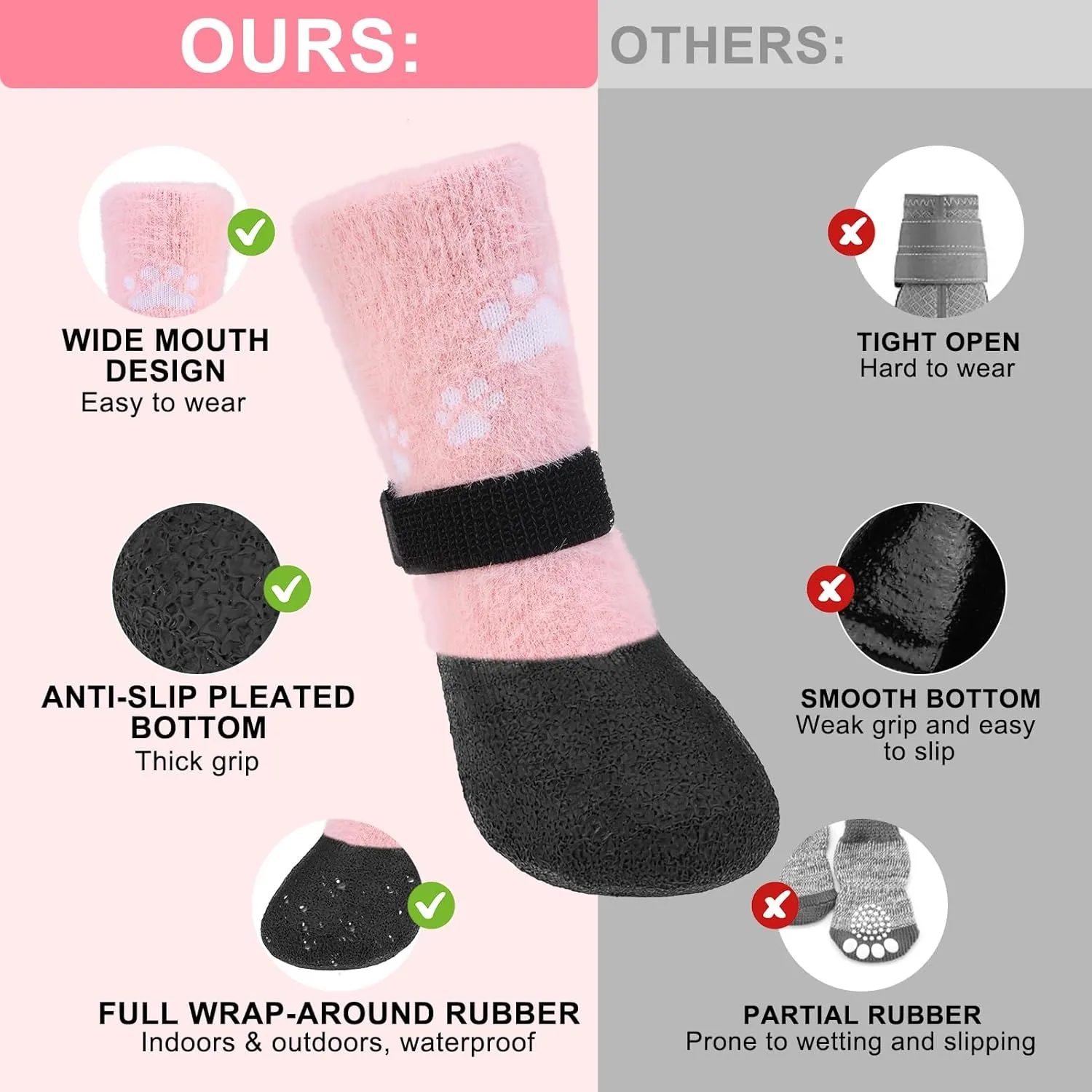 BEAUTYZOO Dog Boots - Warm & Waterproof Dog Booties & Paw Protectors, Anti-Slip for Hardwood Floor, Small to Senior Sizes, Pink