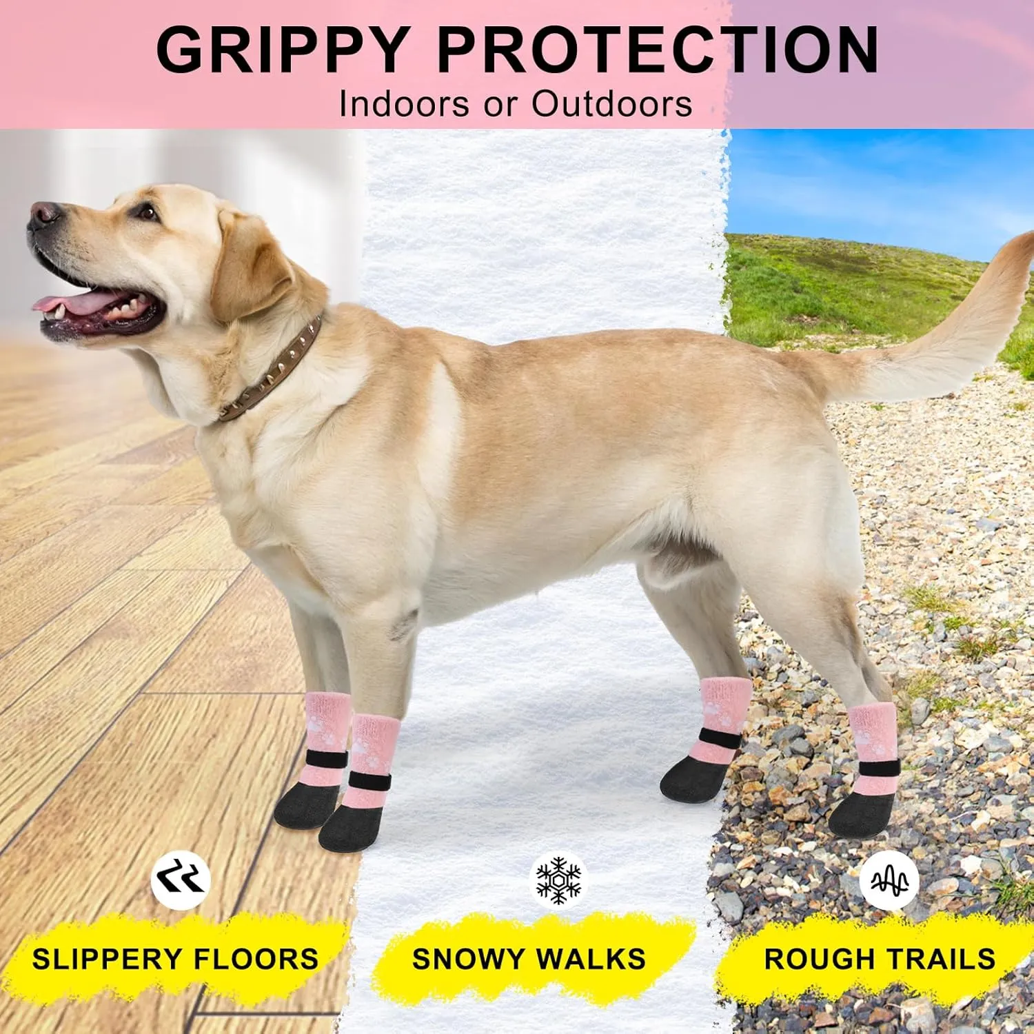 BEAUTYZOO Dog Boots - Warm & Waterproof Dog Booties & Paw Protectors, Anti-Slip for Hardwood Floor, Small to Senior Sizes, Pink