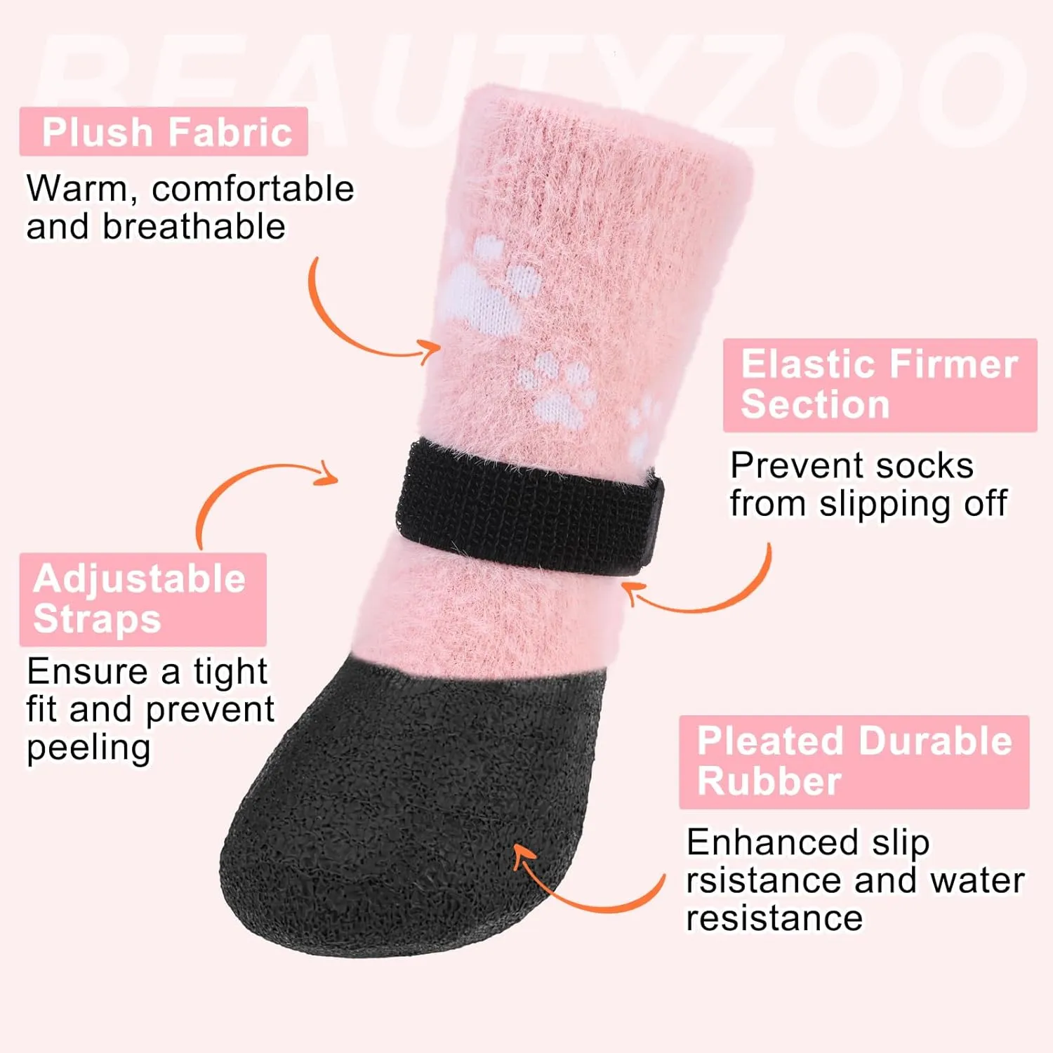 BEAUTYZOO Dog Boots - Warm & Waterproof Dog Booties & Paw Protectors, Anti-Slip for Hardwood Floor, Small to Senior Sizes, Pink