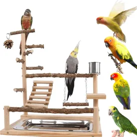 Bird Playground with Feeder Cups, Wooden Parrot Play Stand for Cockatiel, Parakeet