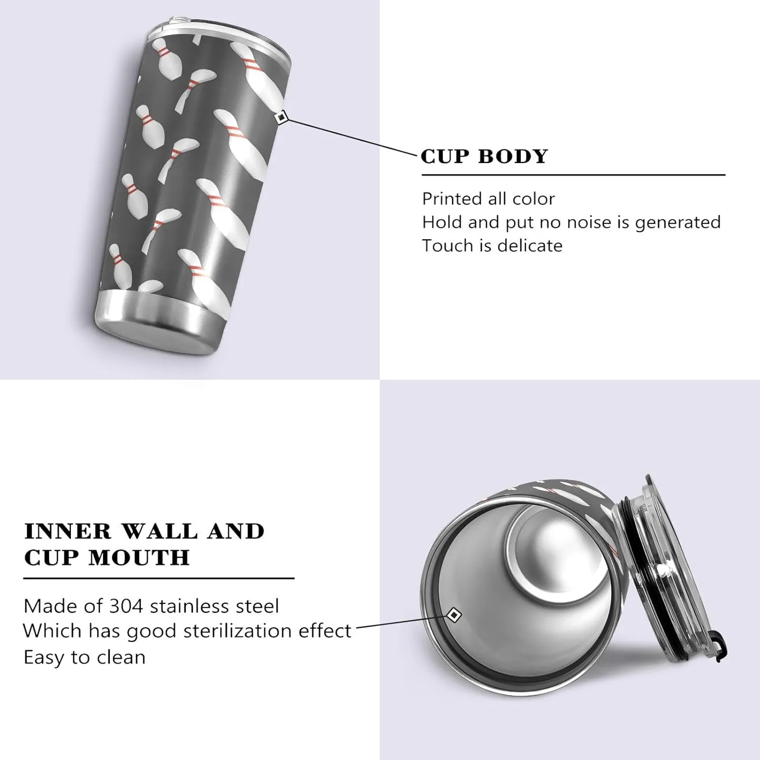 Bowling Pins Bowls Tumbler Stainless Steel Insulated Cup Travel Mug for Coffee Double Wall Vacuum Thermos with Straw and Lid 20oz