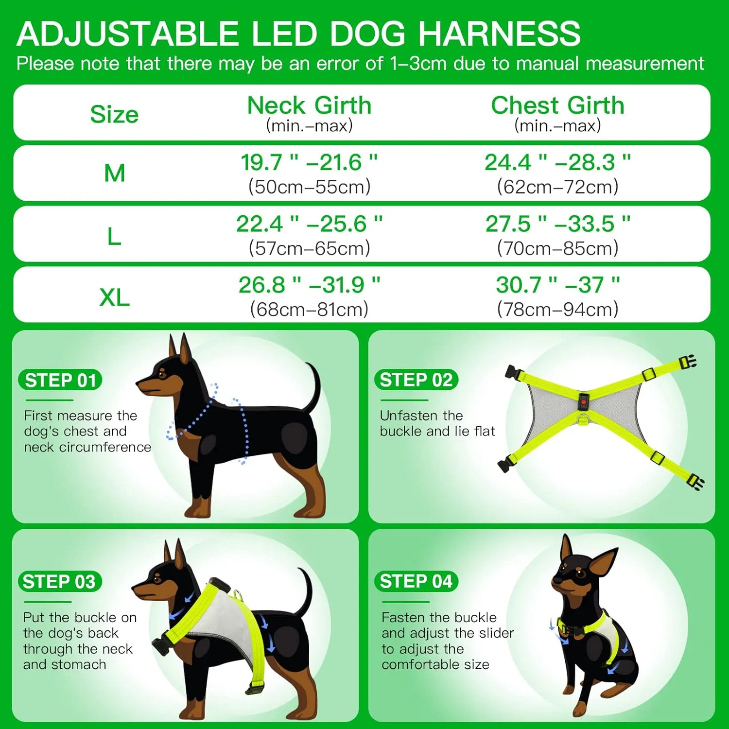 ChalkLit Light Up Dog Harness, Reflective Led Dog Harness Glow-in-The-Dark for Night Walking, USB Rechargeable Lighted Dog Safety Vest for Medium Dogs, Adjustable Soft Mesh No Pull (Green, Medium)
