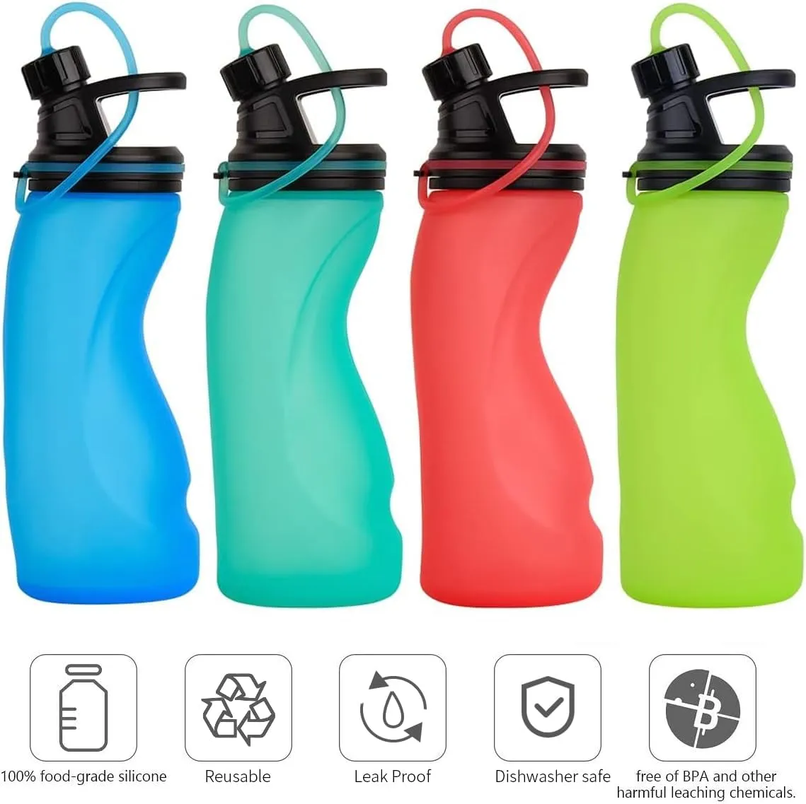 Collapsible Water Bottle BPA Free - Foldable Water Bottle for Travel Sports Bottles with Triple Leak Proof Lightweight 17oz (Upgraded Aqua Blue)