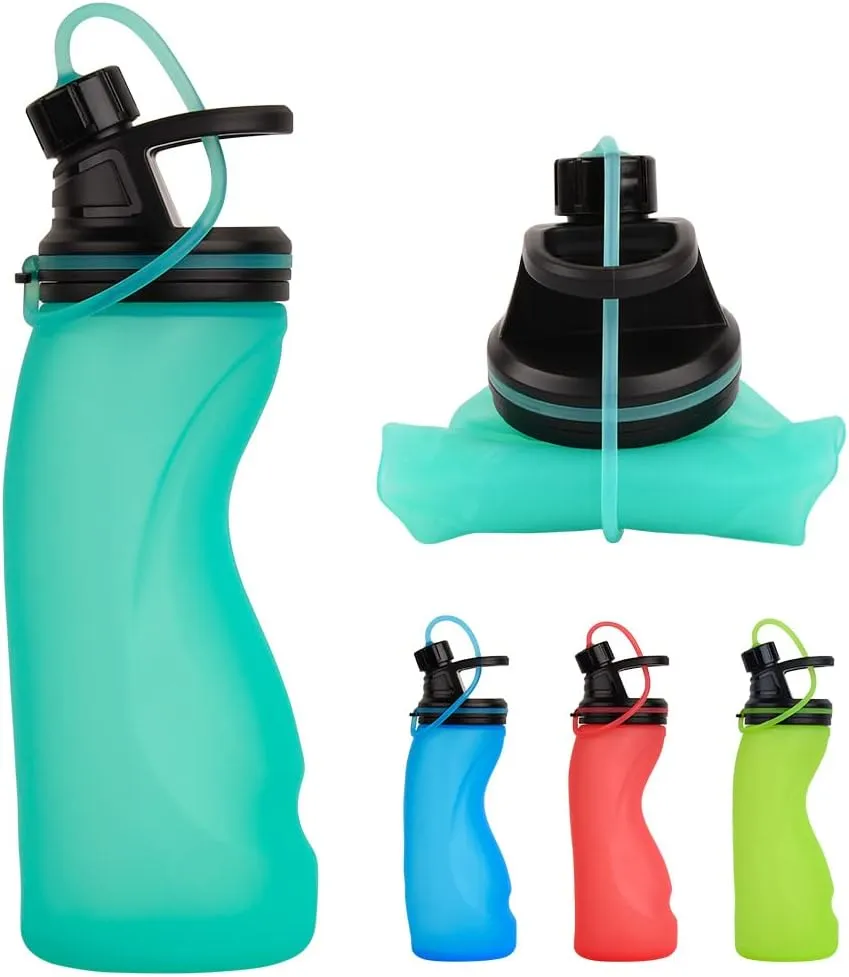 Collapsible Water Bottle BPA Free - Foldable Water Bottle for Travel Sports Bottles with Triple Leak Proof Lightweight 17oz (Upgraded Aqua Blue)