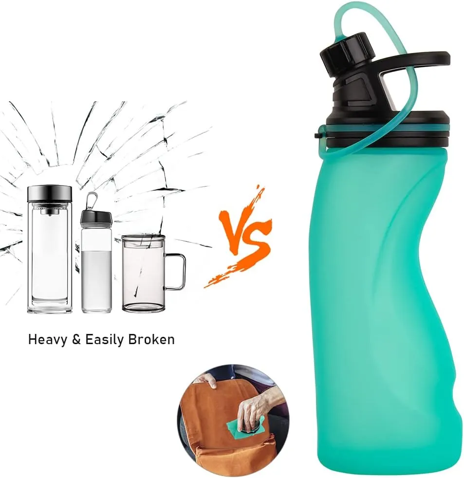 Collapsible Water Bottle BPA Free - Foldable Water Bottle for Travel Sports Bottles with Triple Leak Proof Lightweight 17oz (Upgraded Aqua Blue)