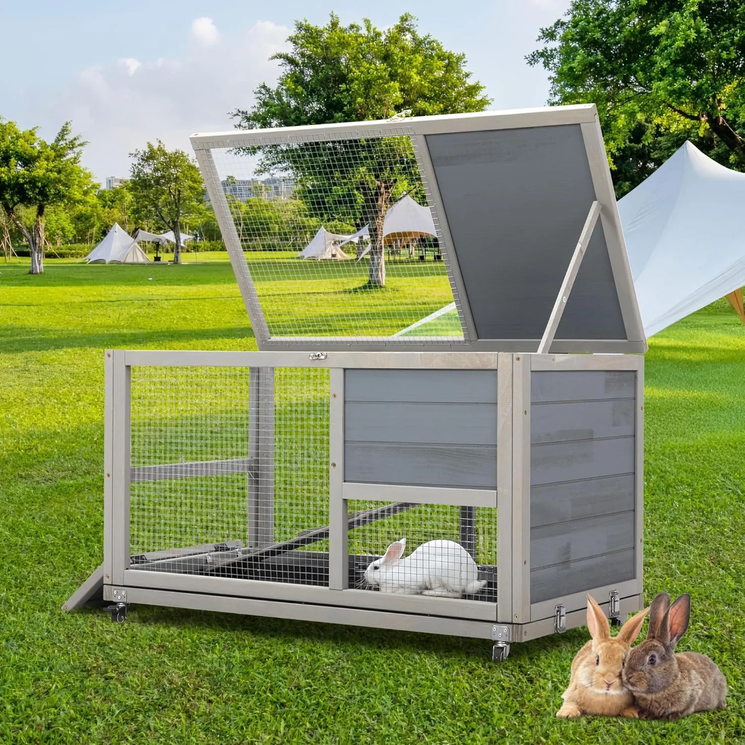 COZIWOW Fashionable Wood 36In Rabbit Hutch Indoor on Wheels Bunny Cage Outdoor Rabbit Cage with Clean Tray, Openable Roof, Anti-Slip Ramp for Small Bunny Rabbit (Grey)