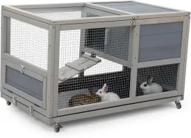 COZIWOW Fashionable Wood 36In Rabbit Hutch Indoor on Wheels Bunny Cage Outdoor Rabbit Cage with Clean Tray, Openable Roof, Anti-Slip Ramp for Small Bunny Rabbit (Grey)