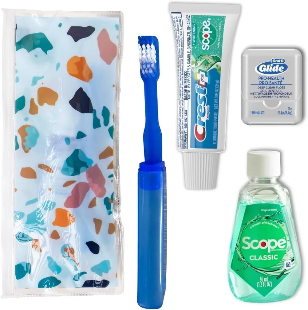 Dental Travel Kit with Travel Toothbrush, Toothpaste, Mouthwash, Floss in Reusable Zipper Pouch, TSA Approved