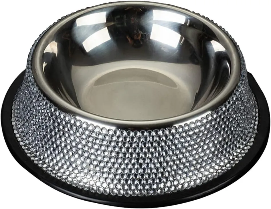 Dog Bowls with Rhinestones Stainless Steel Dog and Water Bowls Non-Skid Rubber Base Sparkling Feeding Supplies Stainless Steel Dog Bowls Large Skid Large Breed Small Size Dog for Dogs, Silver
