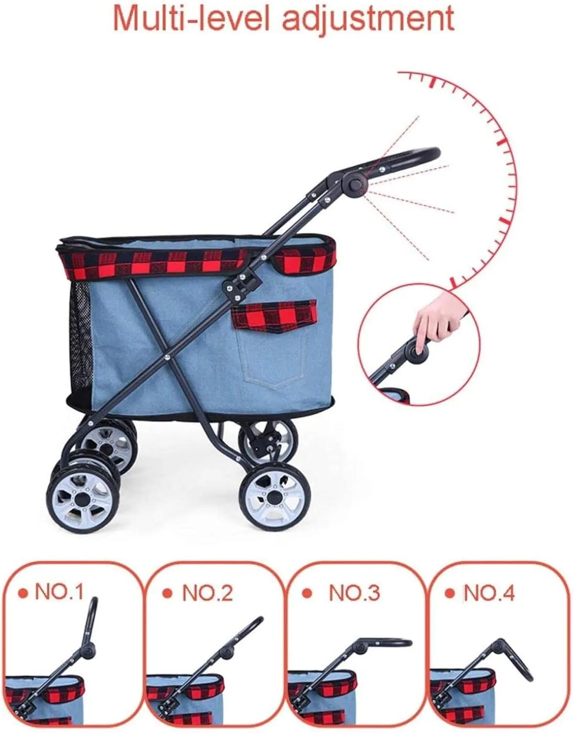 Dog Cat Pet Travel Stroller Pushchair Two Front Swivel Wheels and Rear Brake 4 Wheels Foldable Large Pram (Blue)