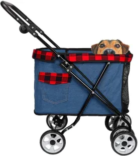 Dog Cat Pet Travel Stroller Pushchair Two Front Swivel Wheels and Rear Brake 4 Wheels Foldable Large Pram (Blue)