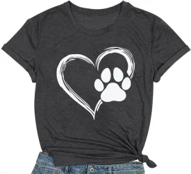 Dog Lover Shirts for Women Cute Paw Love Heart Print T-Shirt Dog Mom Short Sleeve Tee Tops