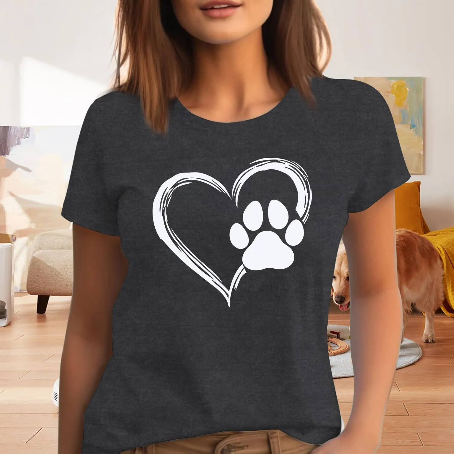 Dog Lover Shirts for Women Cute Paw Love Heart Print T-Shirt Dog Mom Short Sleeve Tee Tops