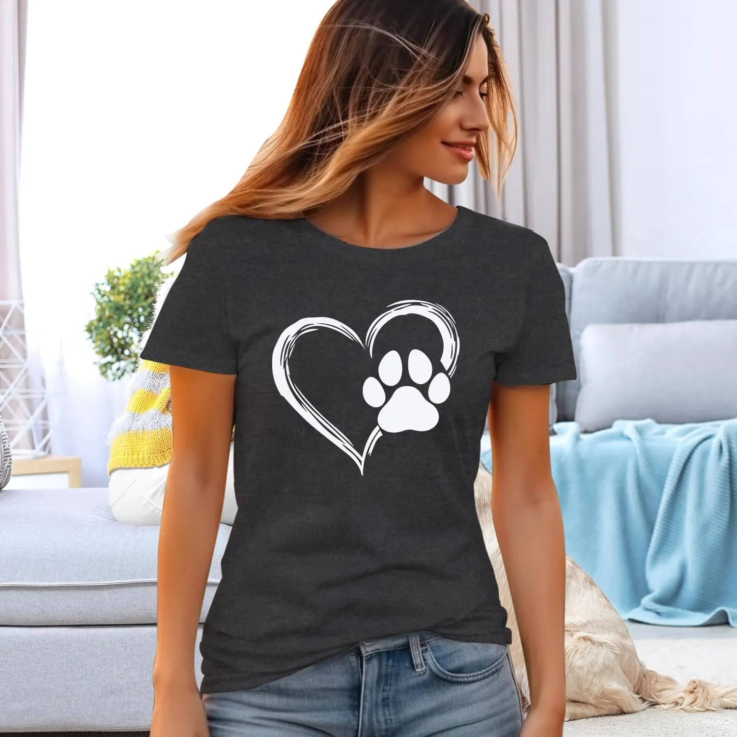 Dog Lover Shirts for Women Cute Paw Love Heart Print T-Shirt Dog Mom Short Sleeve Tee Tops