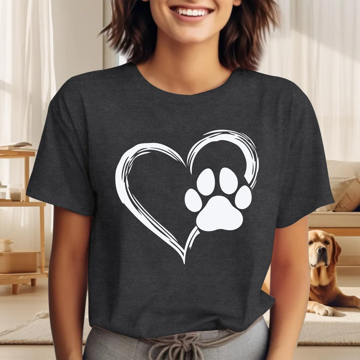 Dog Lover Shirts for Women Cute Paw Love Heart Print T-Shirt Dog Mom Short Sleeve Tee Tops