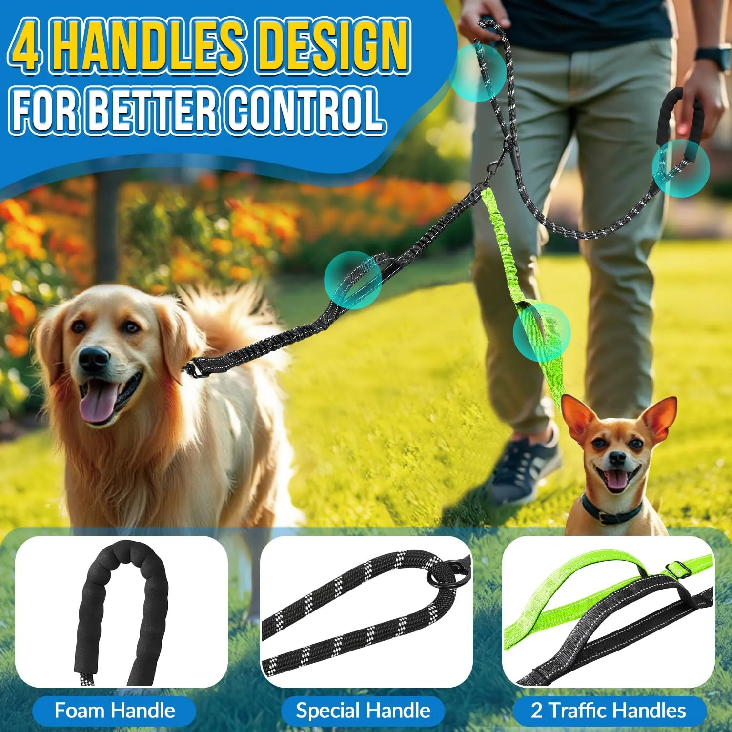 Double Leash for Two Dogs, No Tangle 360 Swivel Dual Dog Leashes with 4 Handles, Super Lightweight for Puppy, Reflective Adjustable Strap and Shock Absorbing Bungee