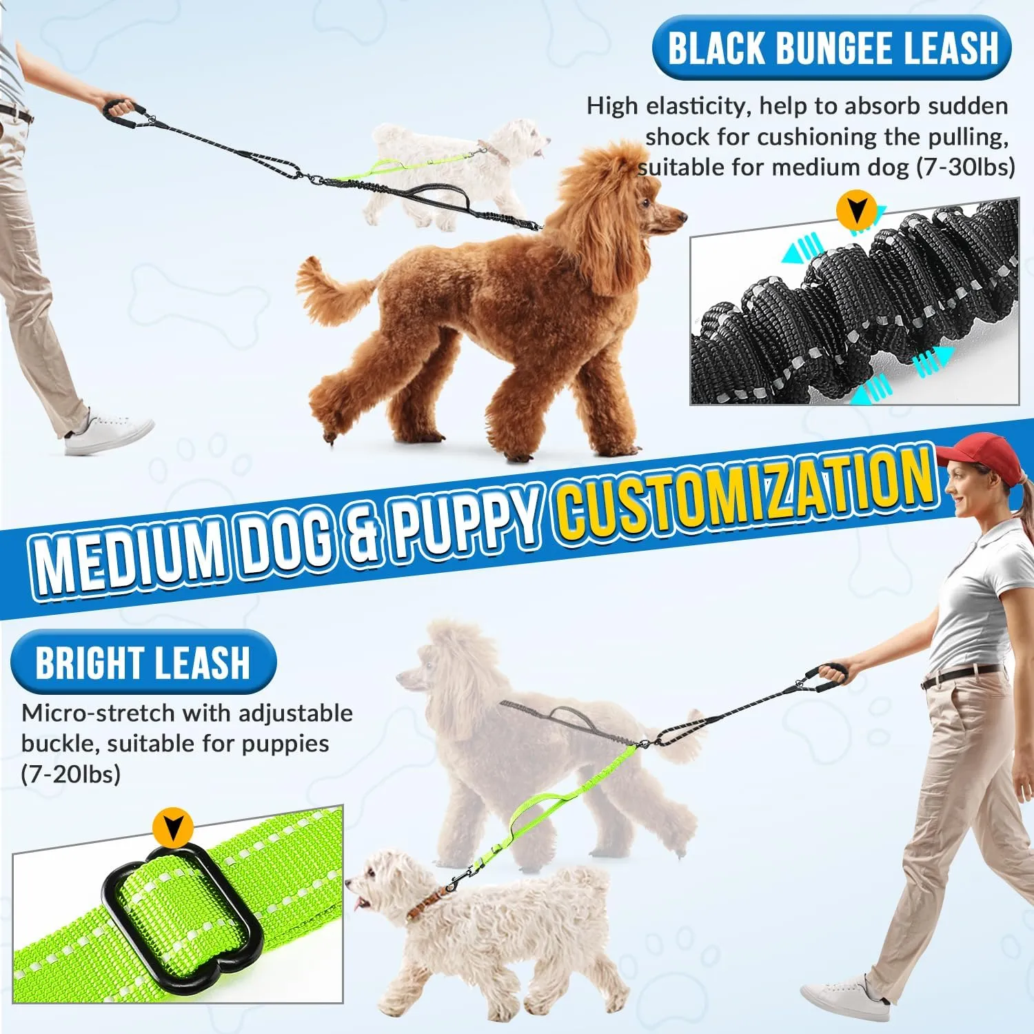 Double Leash for Two Dogs, No Tangle 360 Swivel Dual Dog Leashes with 4 Handles, Super Lightweight for Puppy, Reflective Adjustable Strap and Shock Absorbing Bungee