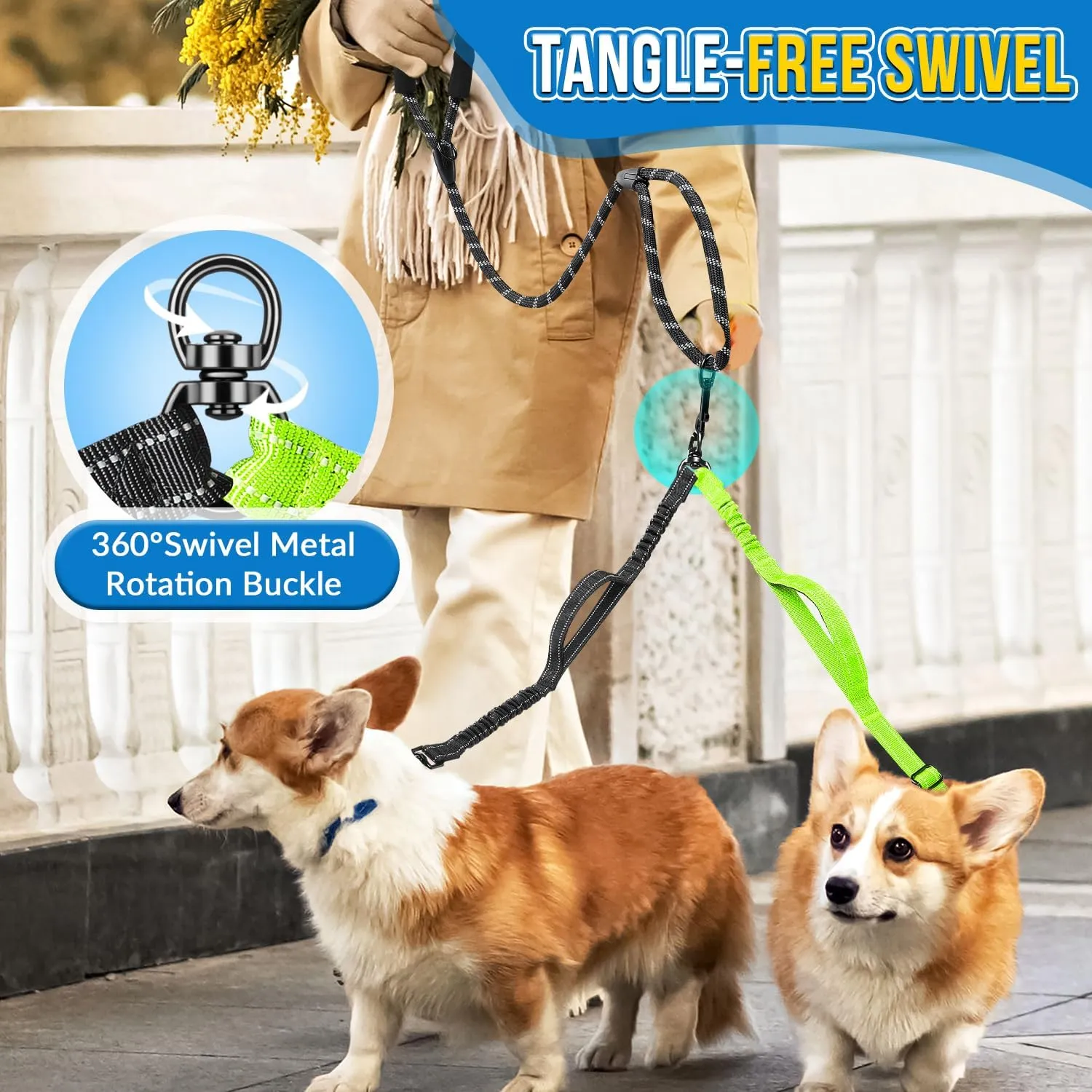 Double Leash for Two Dogs, No Tangle 360 Swivel Dual Dog Leashes with 4 Handles, Super Lightweight for Puppy, Reflective Adjustable Strap and Shock Absorbing Bungee