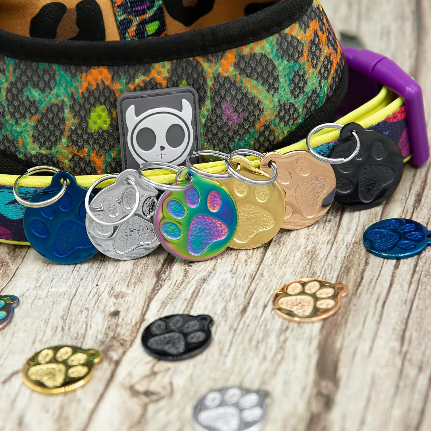 Engraved Pet Tag for Dogs and Cats - Personalized Front & Back up to 4 Lines of Text Custom Engraved ID, Round Paw Print Solid Plating Stainless Steel Blue Small