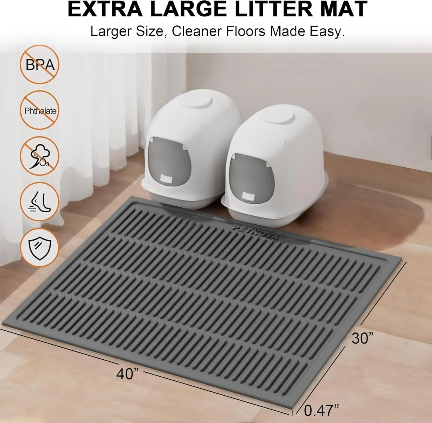 Extra Large Litter Mat: XL 40"x30" Silicone Waterproof Groove Design Litter Trapping Mat Easy to Clean for Multiple-Cats - Jumbo Non-Slip Cat Box Rug for Floor (Grey)