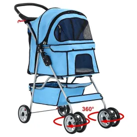 HHS 4 Wheels Pet Dog Stroller Foldable Pet Jogger Travel Carrier Cart W/Cup Holders Removable Liner Storage Basket for Small Medium Cats/Dogs, Blue, 17.5inches(L) x 33inches(W) x 38.6inches(H)
