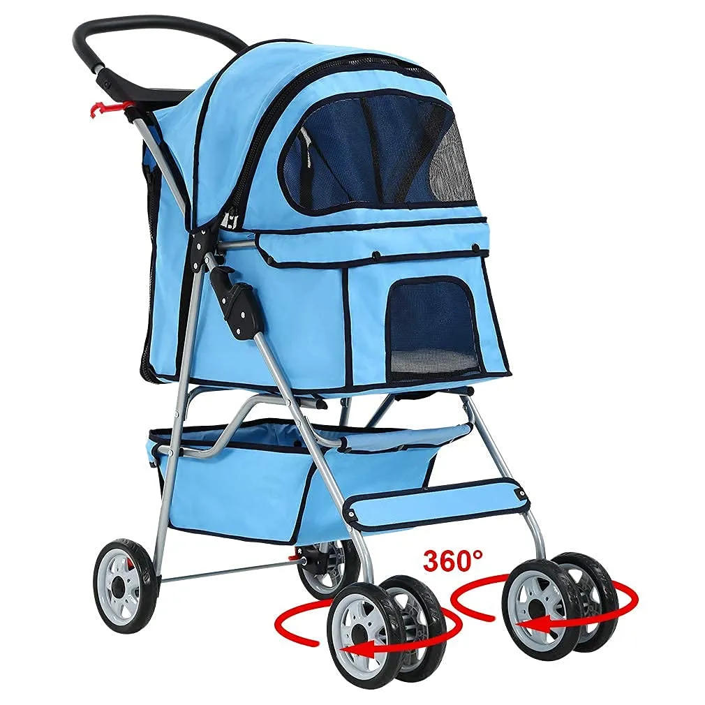 HHS 4 Wheels Pet Dog Stroller Foldable Pet Jogger Travel Carrier Cart W/Cup Holders Removable Liner Storage Basket for Small Medium Cats/Dogs, Blue, 17.5inches(L) x 33inches(W) x 38.6inches(H)