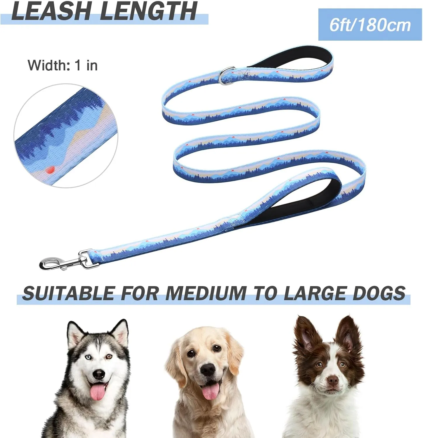 Hikiko Double Handle Dog Leash 6 Foot Strong Nylon Padded Traffic Handles for Walking Training (Blue Hill)