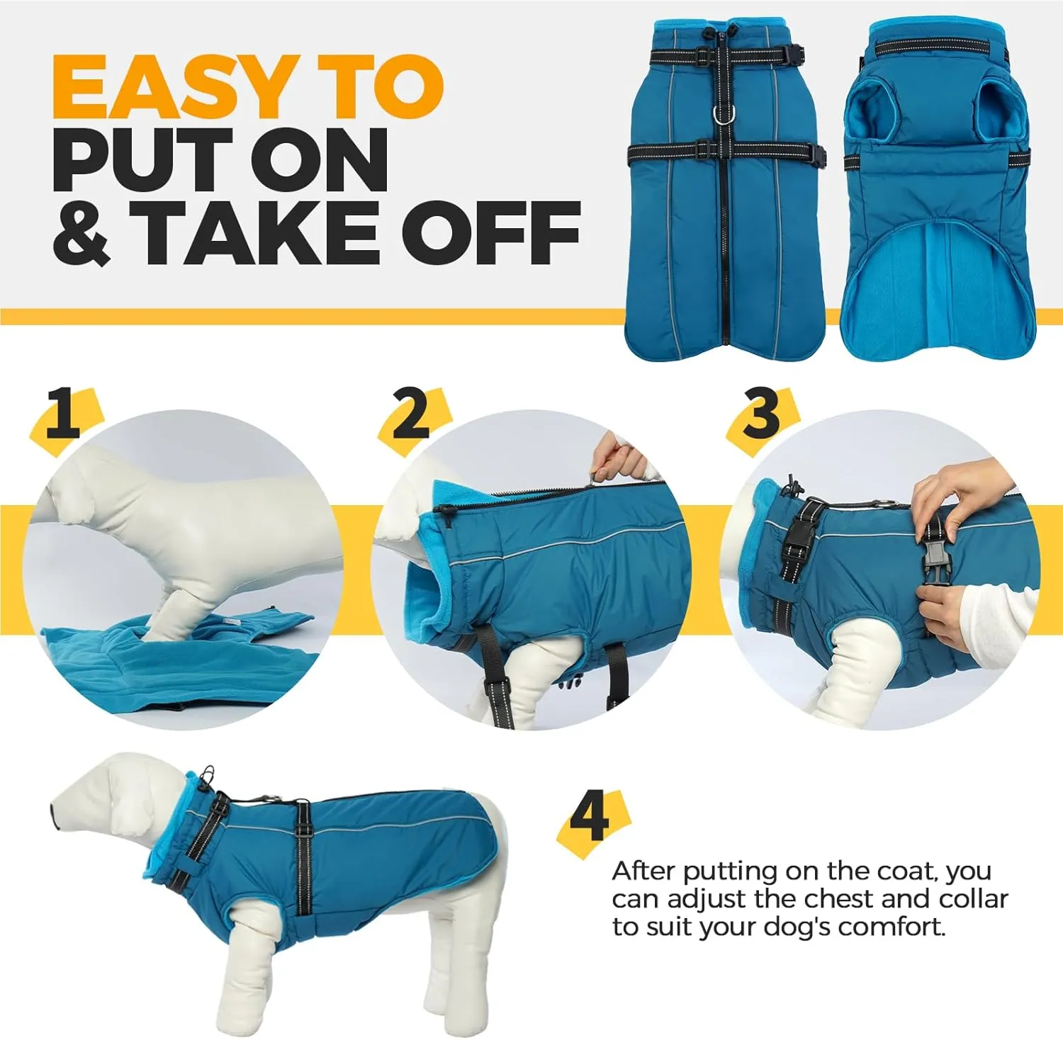 Lelepet Waterproof Dog Jacket with Harness - Warm Winter Coat, Fleece Jacket, Reflective Coats for Medium Dogs, Schnauzer, Pug, Blue, M