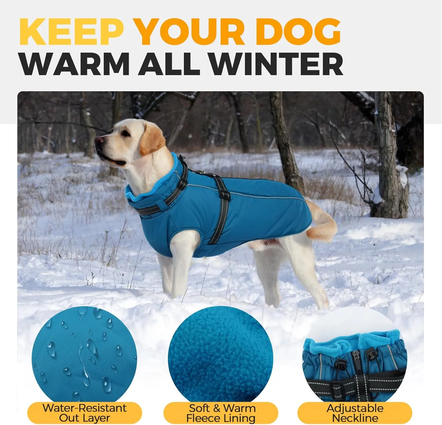 Lelepet Waterproof Dog Jacket with Harness - Warm Winter Coat, Fleece Jacket, Reflective Coats for Medium Dogs, Schnauzer, Pug, Blue, M