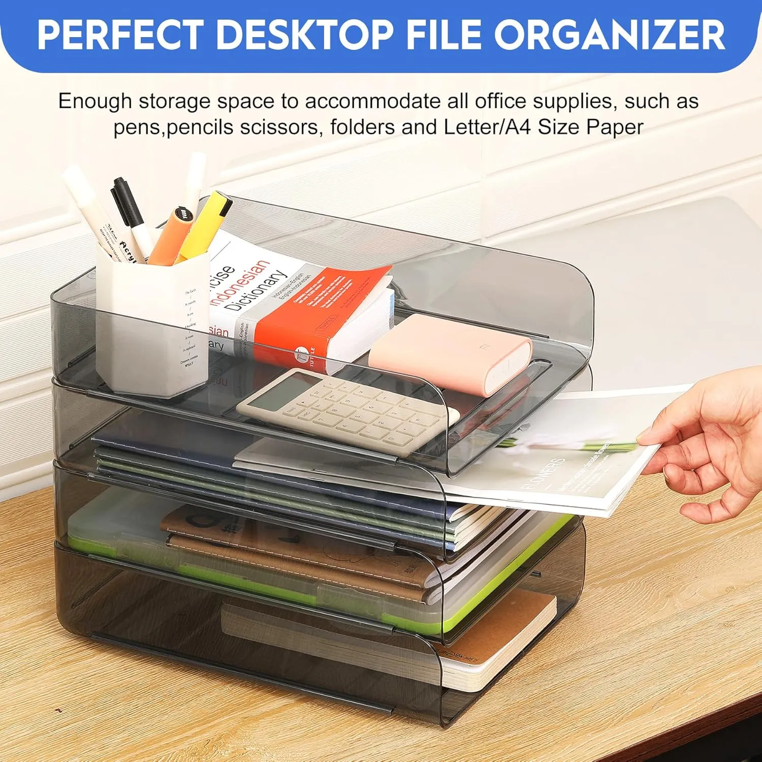 Letter Tray, Set of 4 Office Organization and Storage, PET Letter Tray Desk Organizer, Stackable Document Organizer for Notes, Pens, File Paper and Desk, Black