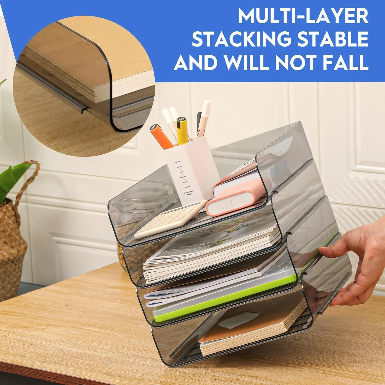 Letter Tray, Set of 4 Office Organization and Storage, PET Letter Tray Desk Organizer, Stackable Document Organizer for Notes, Pens, File Paper and Desk, Black