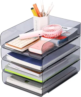 Letter Tray, Set of 4 Office Organization and Storage, PET Letter Tray Desk Organizer, Stackable Document Organizer for Notes, Pens, File Paper and Desk, Black