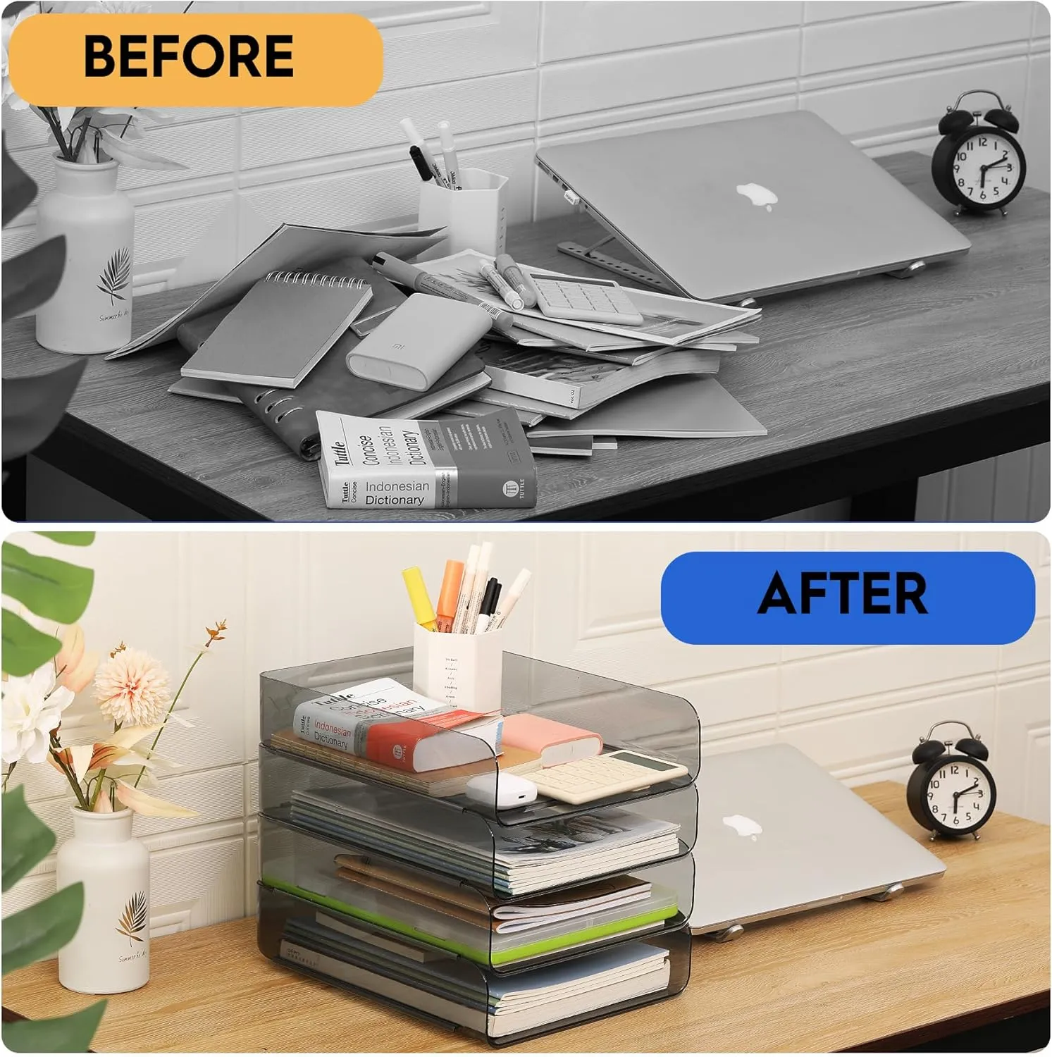 Letter Tray, Set of 4 Office Organization and Storage, PET Letter Tray Desk Organizer, Stackable Document Organizer for Notes, Pens, File Paper and Desk, Black