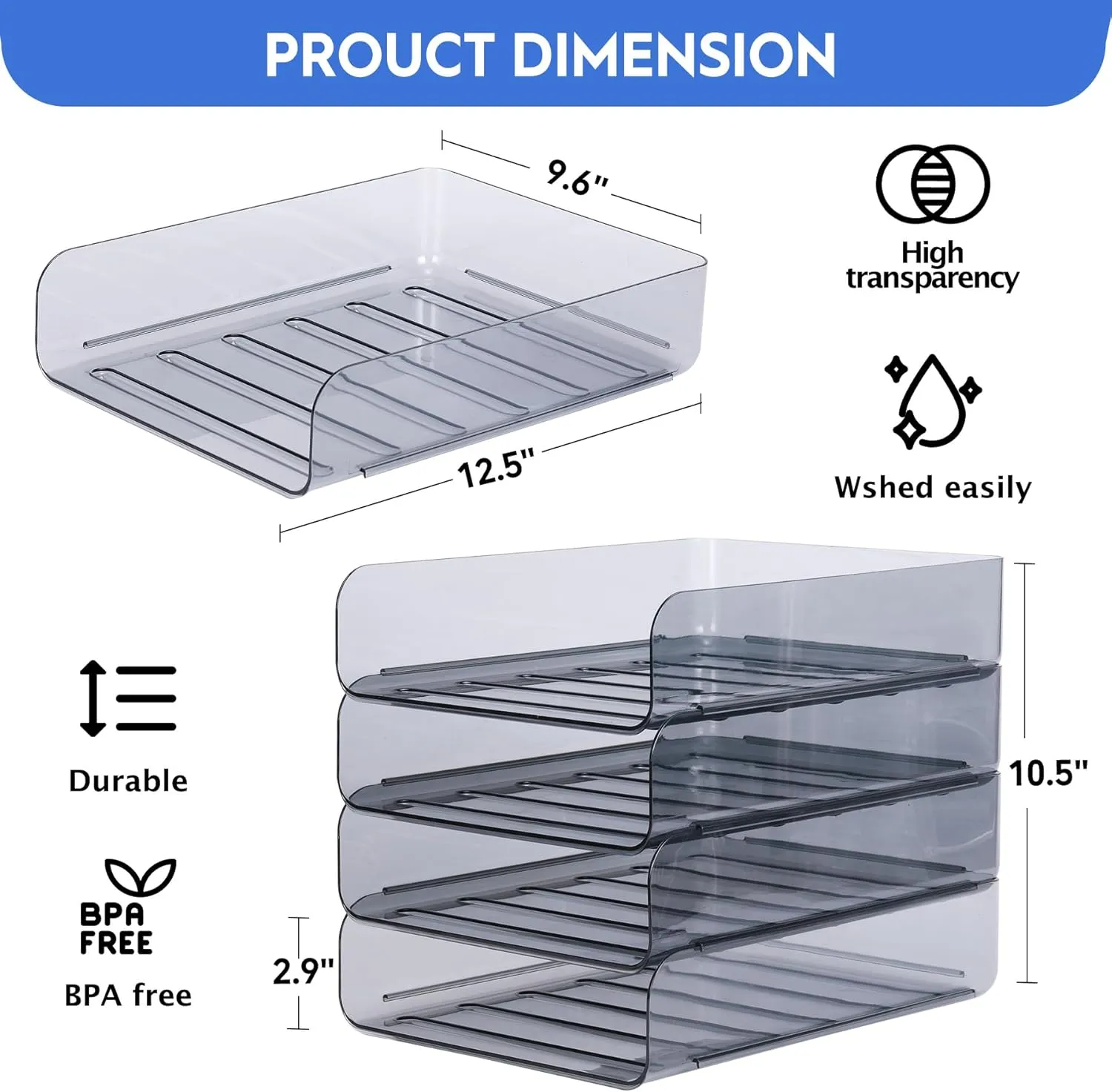 Letter Tray, Set of 4 Office Organization and Storage, PET Letter Tray Desk Organizer, Stackable Document Organizer for Notes, Pens, File Paper and Desk, Black