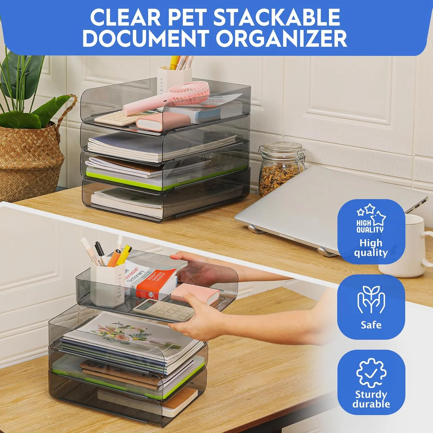 Letter Tray, Set of 4 Office Organization and Storage, PET Letter Tray Desk Organizer, Stackable Document Organizer for Notes, Pens, File Paper and Desk, Black